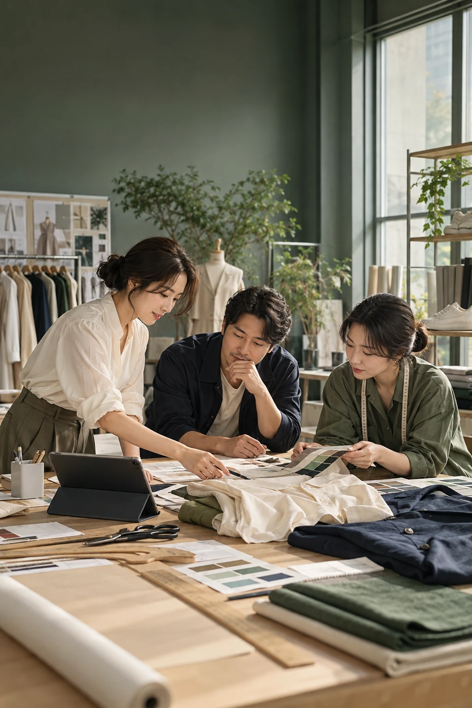 Colleagues reviewing fashion product plans and production schedules